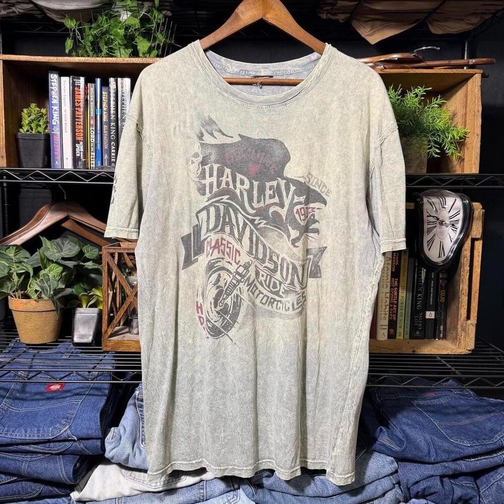 Harley Davidson Grunge Biker Tee Gray Black Skull Motorcycle Shirt Mens XL